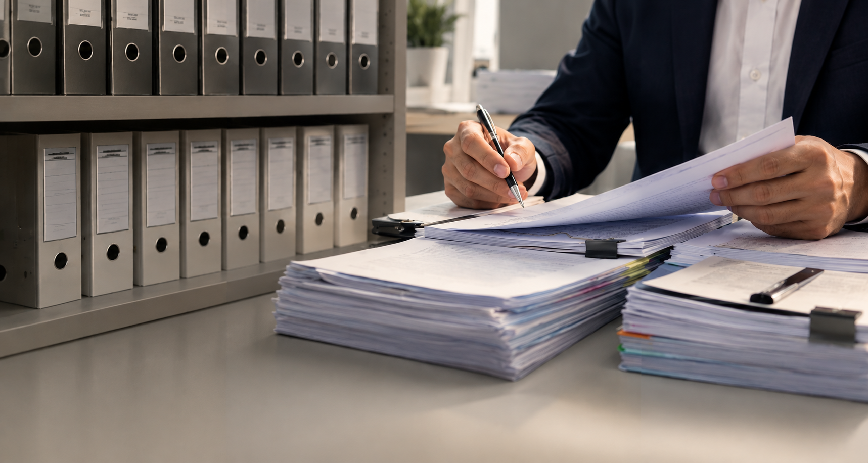 Persona revisando documentos en un escritorio con carpetas archivadas y registros organizados al fondo.