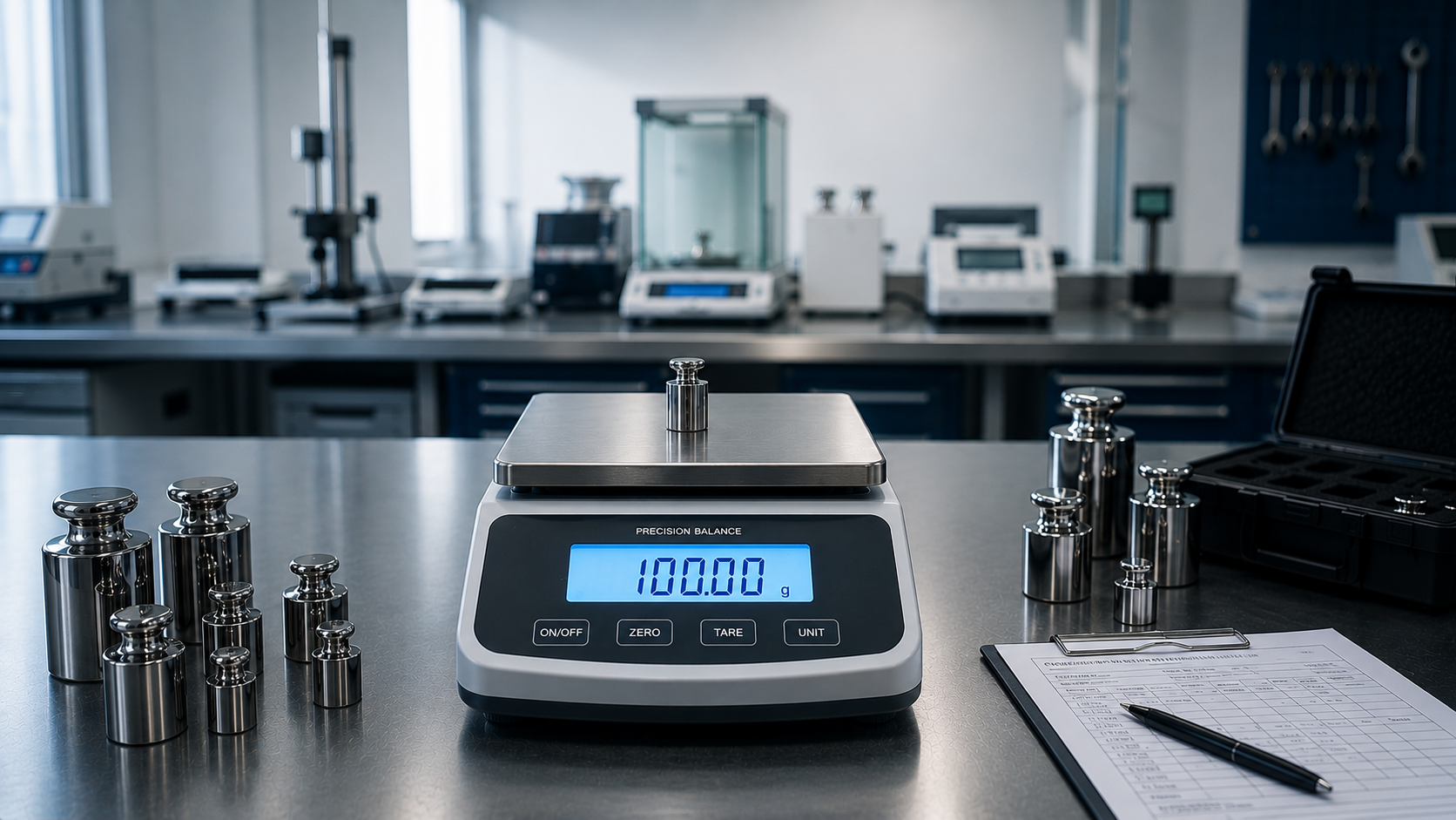Digital precision balance displaying 100.00 g with a certified calibration weight in a modern calibration laboratory.