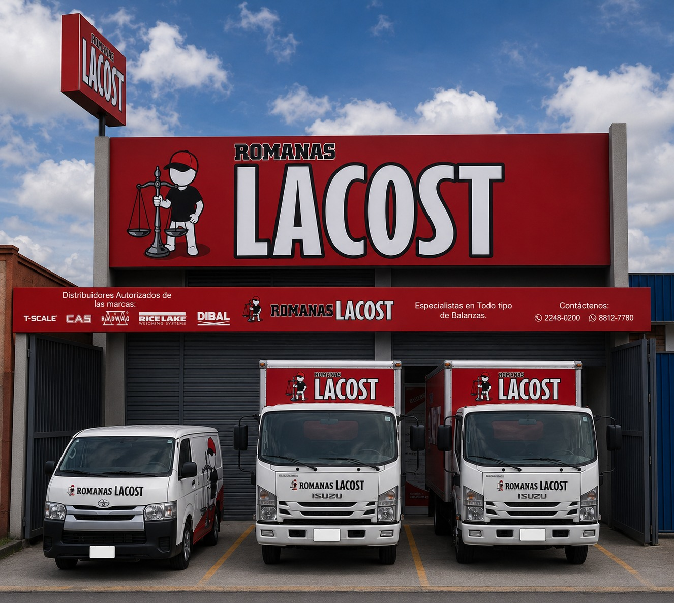 Frente del local, con varios vehiculos parqueados.