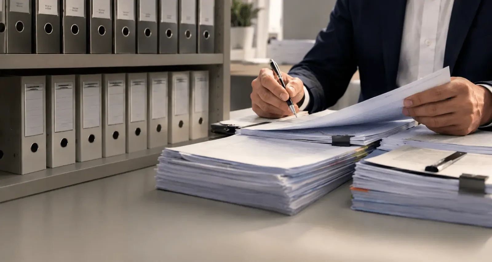 Persona revisando documentos en un escritorio con carpetas archivadas y registros organizados al fondo.