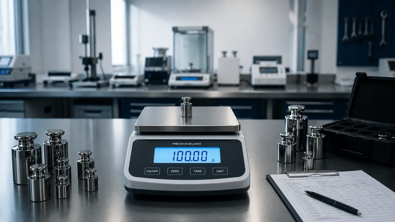 Digital precision balance displaying 100.00 g with a certified calibration weight in a modern calibration laboratory.