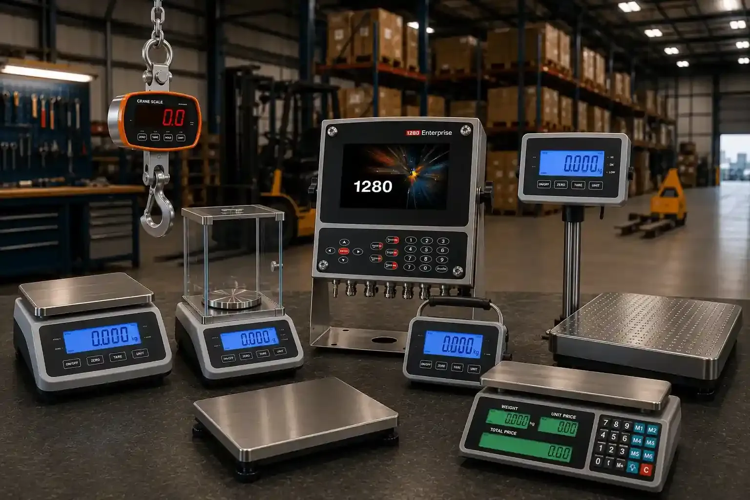 Industrial warehouse displaying multiple weighing solutions including platform scales, analytical balances, crane scales, pricing scales, and digital weight indicators.