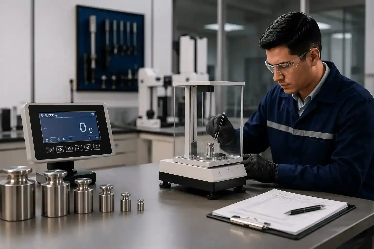 Técnico trabajando con equipos de medición en un laboratorio especializado.